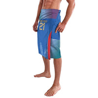 Blue knee-length sarong with side slit, red/green stripes and 'YOUR TEXT 21'.