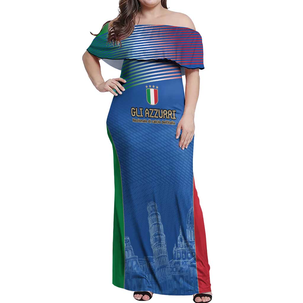 Custom Italy Football Off Shoulder Maxi Dress Special Pisa Tower - Wonder Print Shop