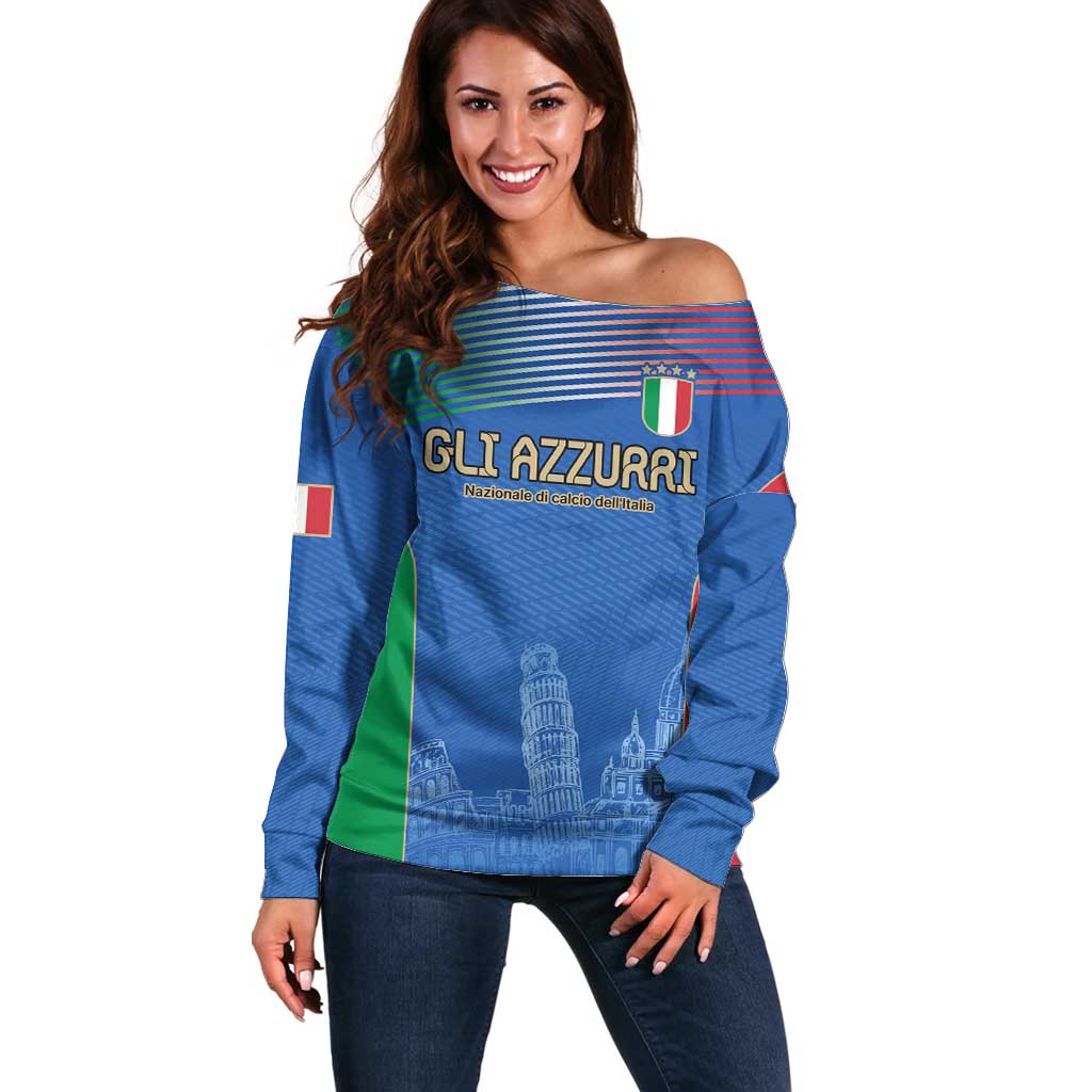 Custom Italy Football Off Shoulder Sweater Special Pisa Tower - Wonder Print Shop