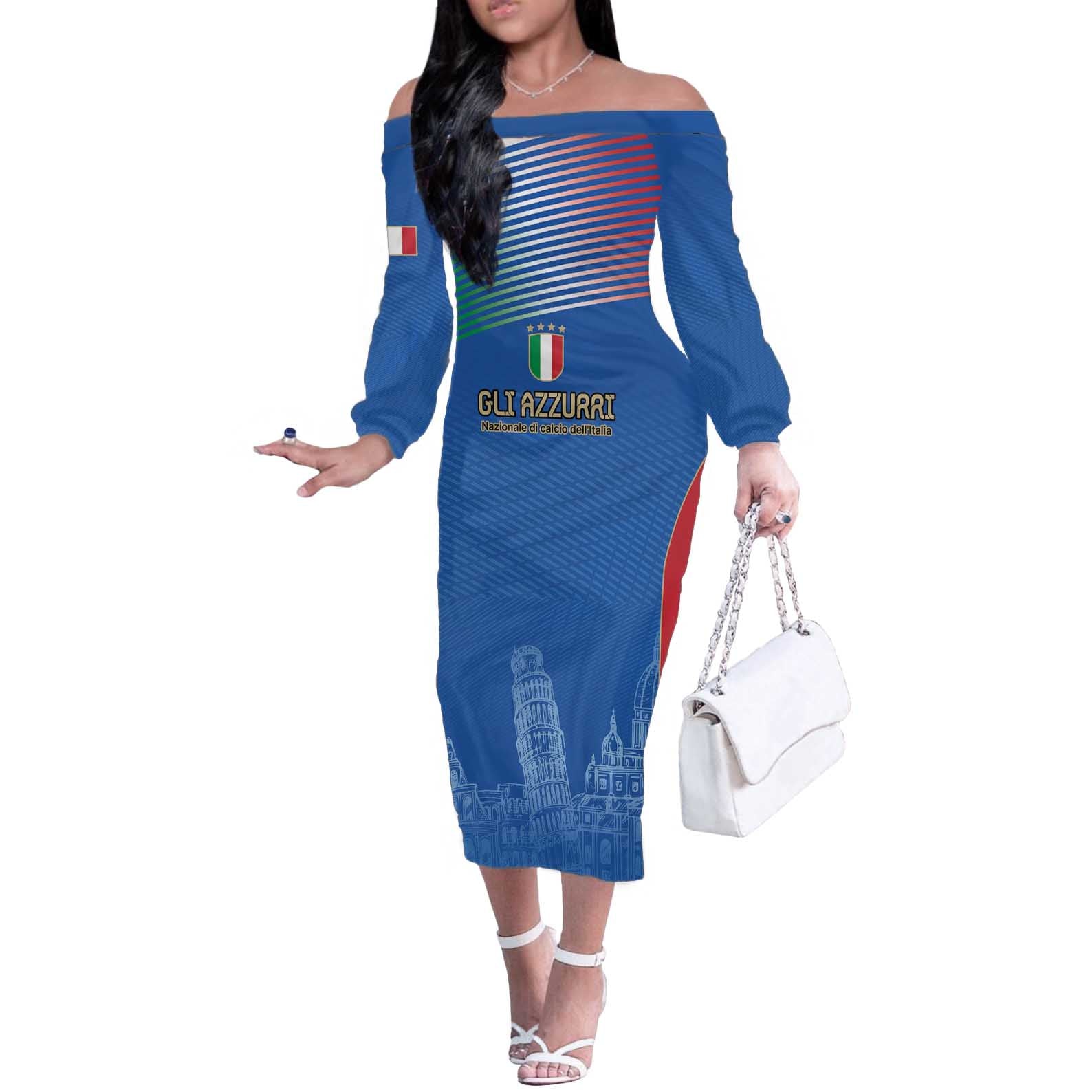 Custom Italy Football Off The Shoulder Long Sleeve Dress Special Pisa Tower - Wonder Print Shop