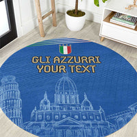 Blue round carpet close-up with "GLI AZZURRI YOUR TEXT" and white building line design