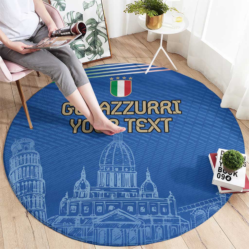 Blue round carpet with "GLI AZZURRI YOUR TEXT" and white landmark line art