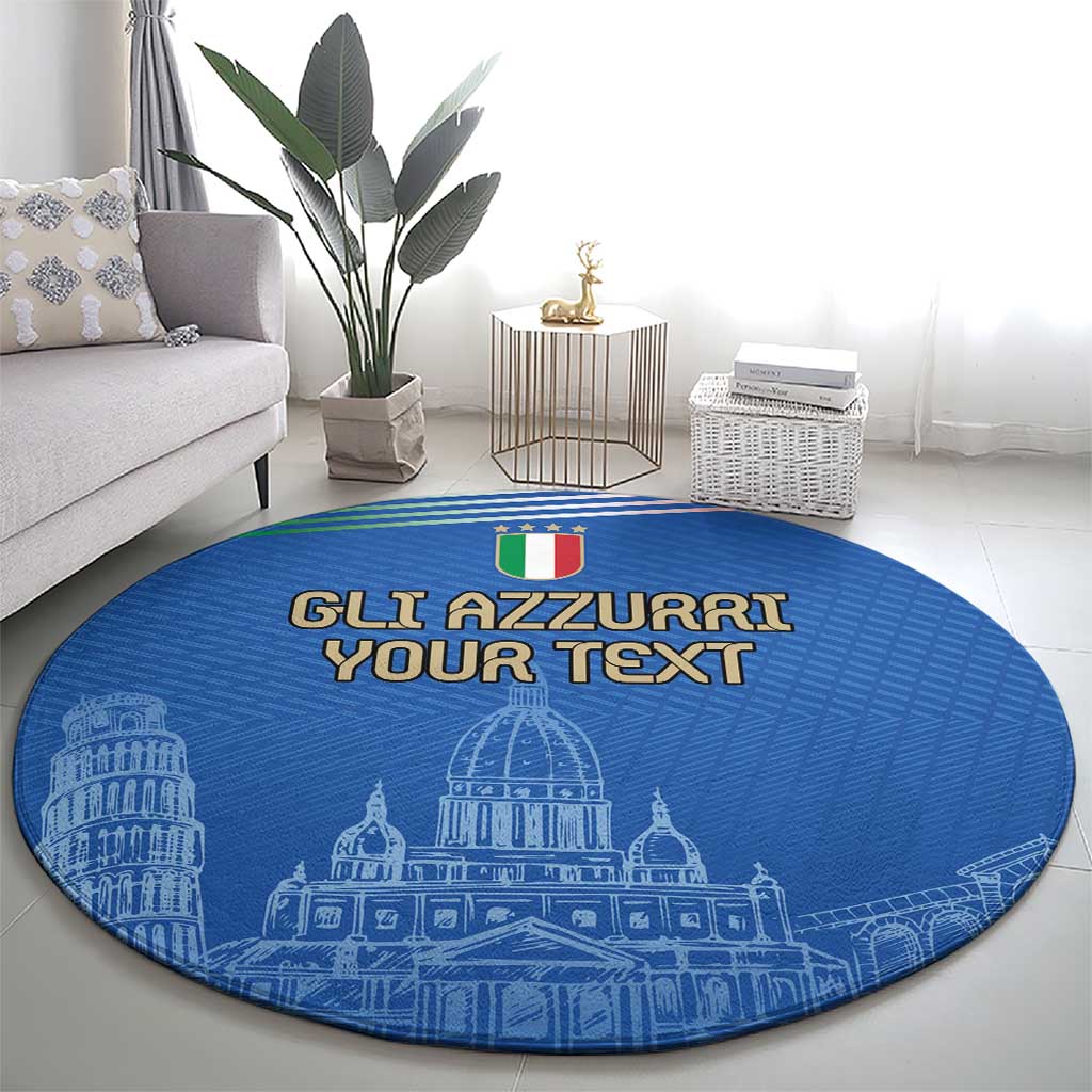 Blue round carpet with "GLI AZZURRI YOUR TEXT" and white Pisa-style skyline illustration