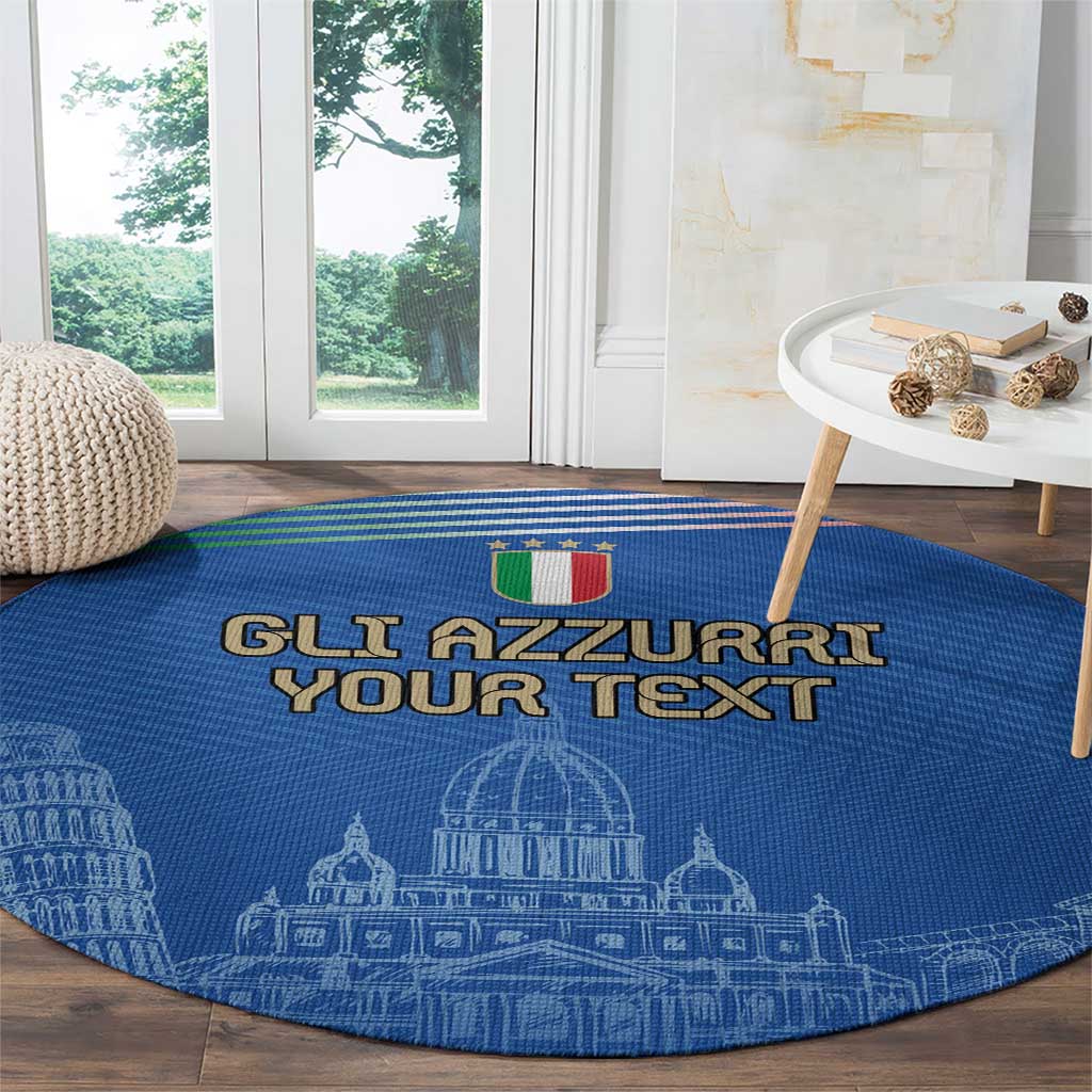 Blue round carpet with "GLI AZZURRI YOUR TEXT" and white landmark line art on floor