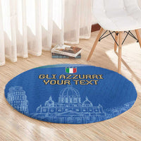 Blue round carpet with football text "GLI AZZURRI YOUR TEXT" and white Pisa line art