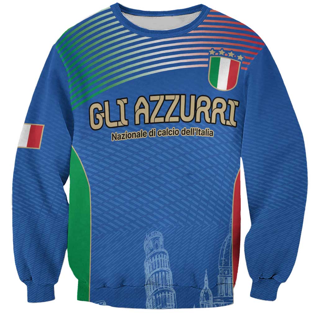 Blue unisex football sweatshirt with Italy flag crest, stars, and Pisa Tower graphic
