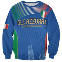 Blue unisex football sweatshirt with Italy flag crest, stars, and Pisa Tower graphic