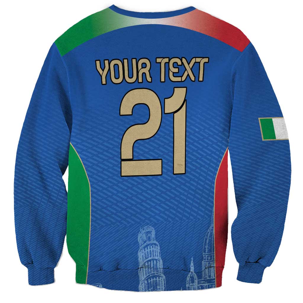 Blue unisex football sweatshirt with 'YOUR TEXT 21' back print and flag stripes