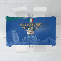 Blue tablecloth with GLI AZZURRI lettering and Pisa Tower skyline print