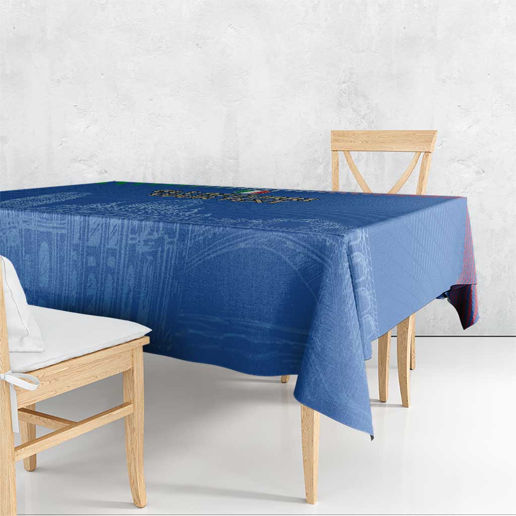 Blue Italy-themed tablecloth with skyline pattern and Pisa Tower graphic, hanging edge