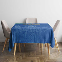 Blue Italy-themed tablecloth with Pisa Tower and skyline graphic, rectangular