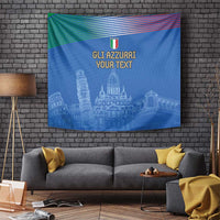 Blue wall tapestry showing tricolor wave header, cathedral skyline silhouette, and 'Gli Azzurri' text