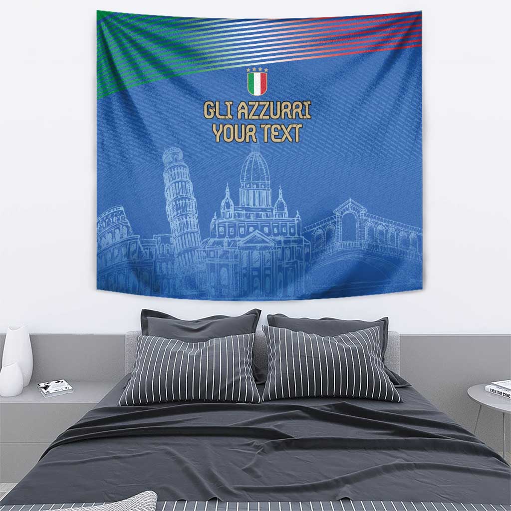 Blue Italy football wall tapestry with tricolor stripe corner and cathedral skyline pattern