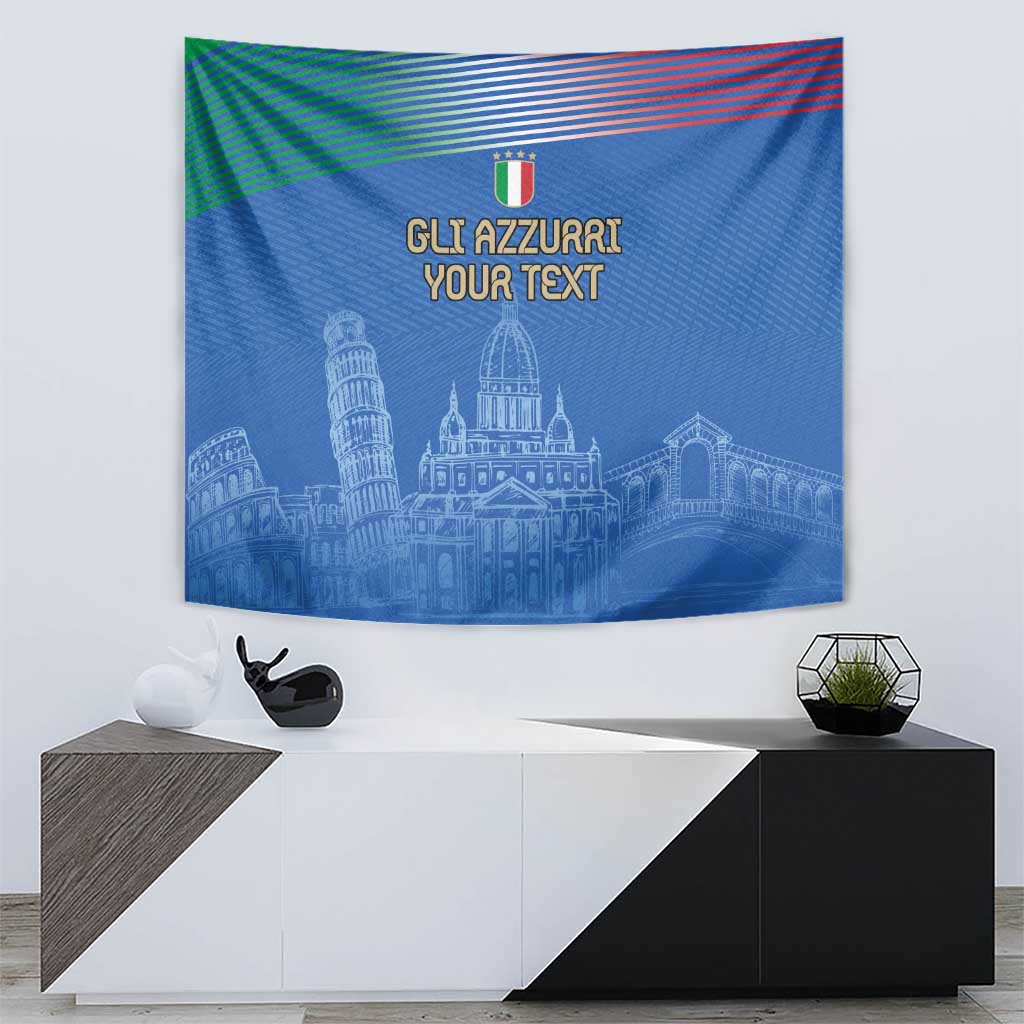 Blue wall hanging tapestry with tricolor wave border, cathedral skyline artwork, and headline text