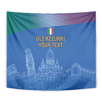 Blue tapestry close-up with tricolor stripe and 'Gli Azzurri Your Text' over skyline