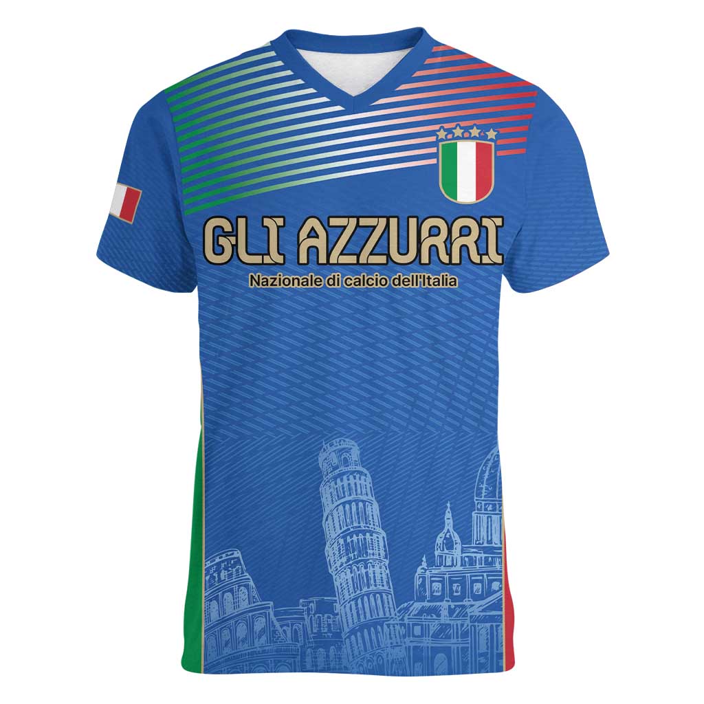 Custom Italy Football Women V-Neck T-Shirt Special Pisa Tower