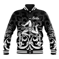 Black baseball jacket with striped rib trim and bold front Sicily graphic