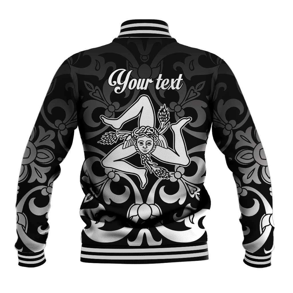 Black baseball jacket with striped rib trim and large back Sicily graphic