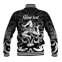 Black baseball jacket with striped rib trim and large back Sicily graphic