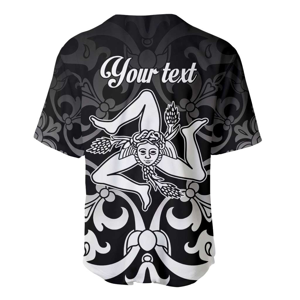 Black baseball jersey with Trinacria eagle and 'Your text' graphic, button front