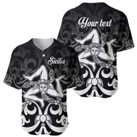 Pair of black baseball jerseys with Trinacria eagle graphics and Sicilia text, button front