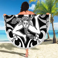 Round black beach blanket with white fringe, face emblem graphic, and custom text
