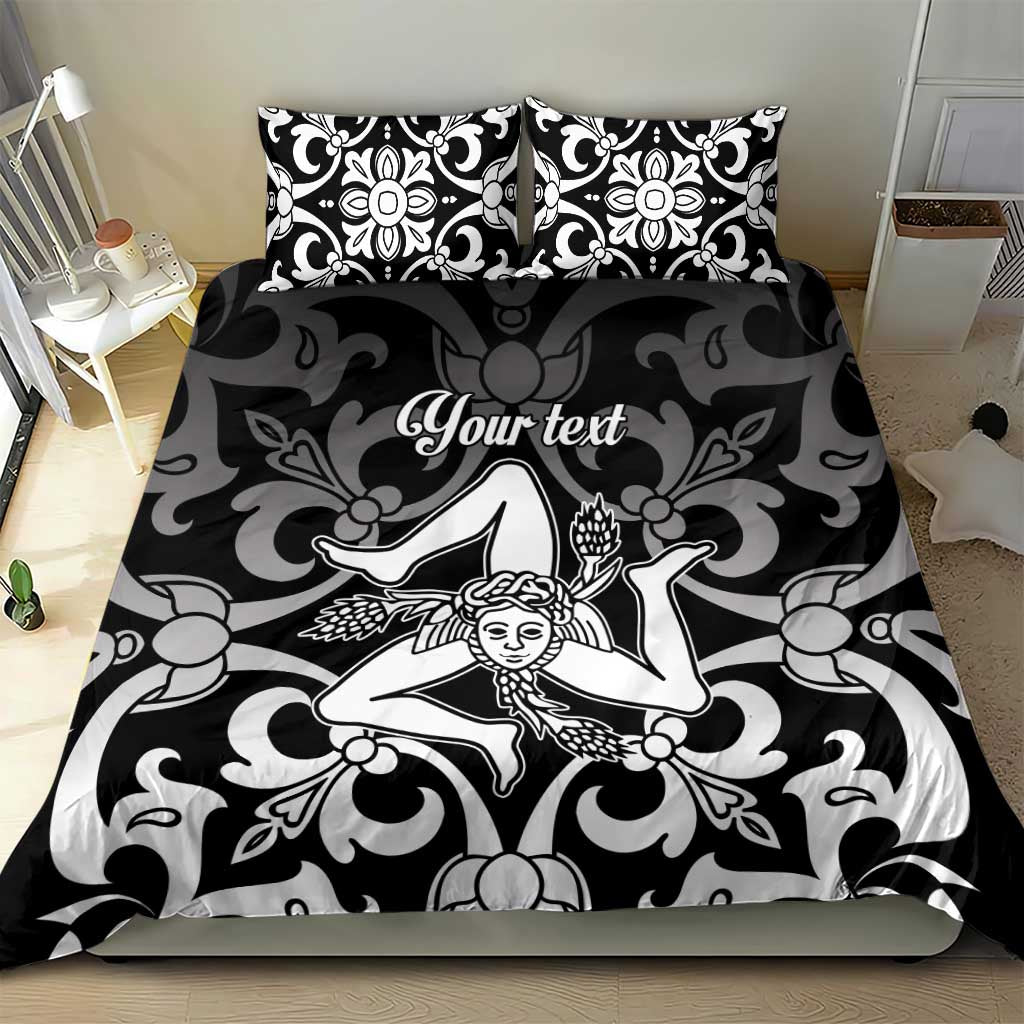 Black and white duvet cover bedding set with central angel illustration and floral swirls