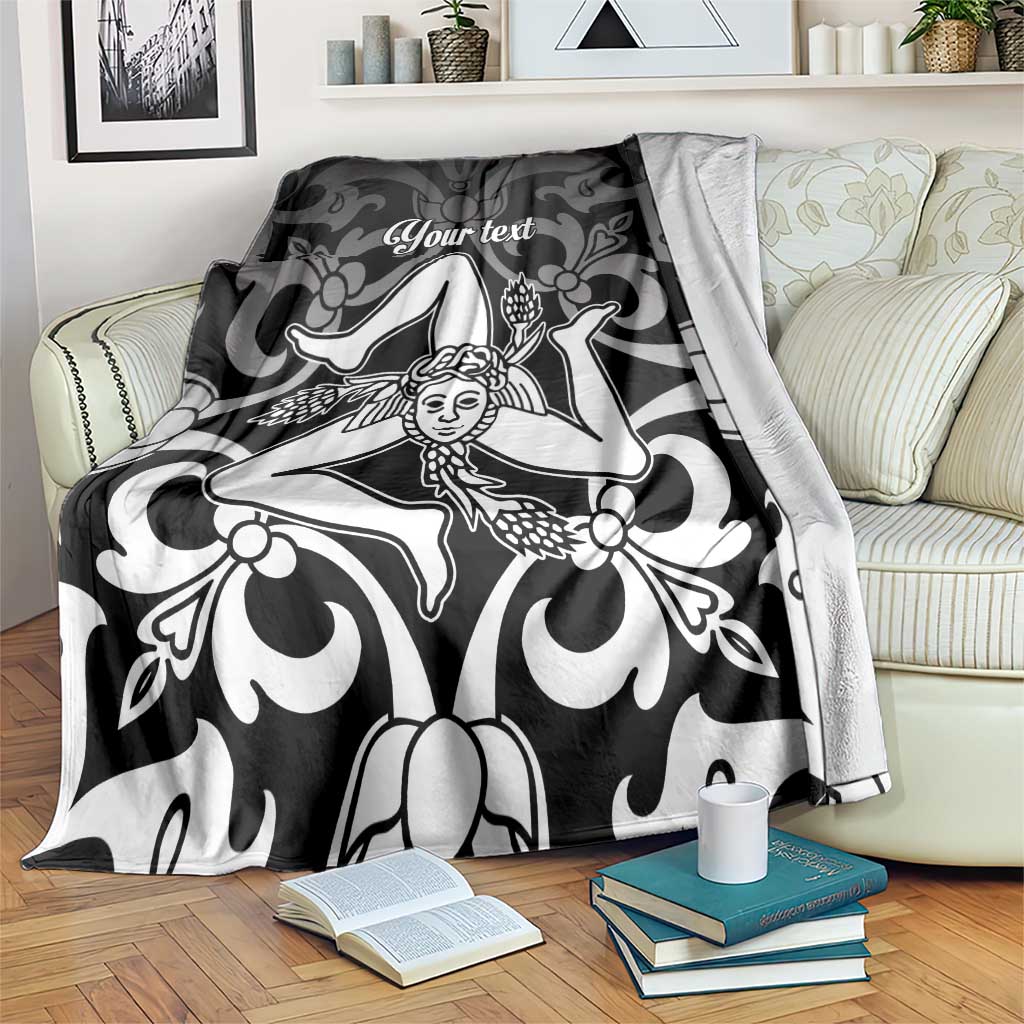 Personalized Sicily blanket in black-and-white with Trinacria design and “Your text”