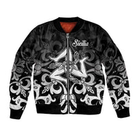Black unisex bomber jacket with full-zip front, ribbed cuffs, and Sicilia graphic