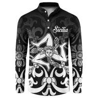 Black button sweatshirt with long sleeves, "Sicilia" text, and baroque goddess design