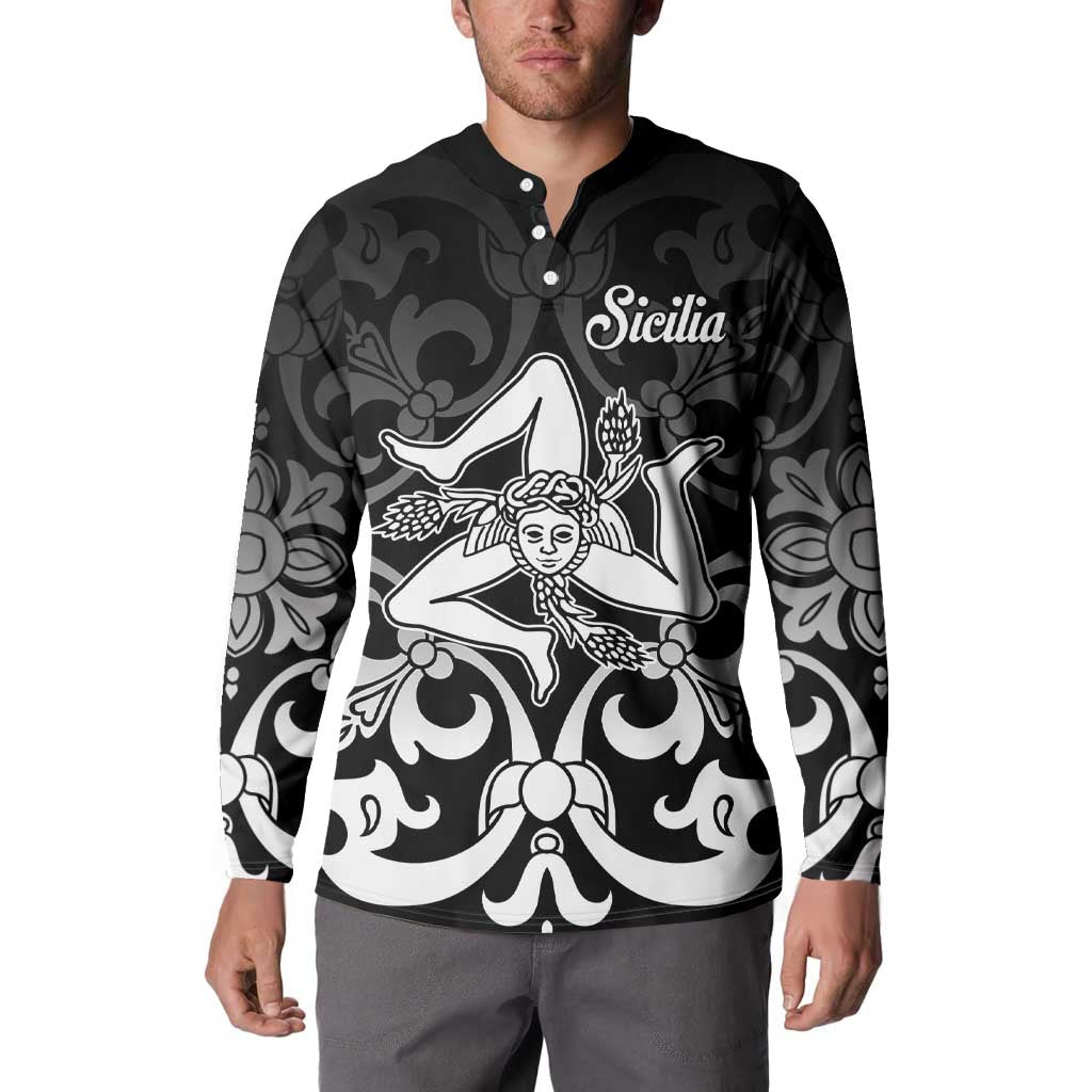 Black button sweatshirt with long sleeves and "Sicilia" graphic on chest