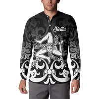 Black button sweatshirt with long sleeves and "Sicilia" graphic on chest