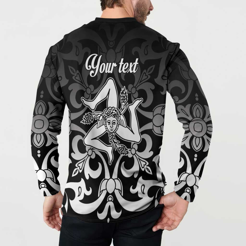 Black button sweatshirt back view with "Your text" and Sicilian goddess print
