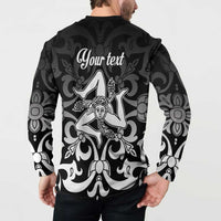 Black button sweatshirt back view with "Your text" and Sicilian goddess print