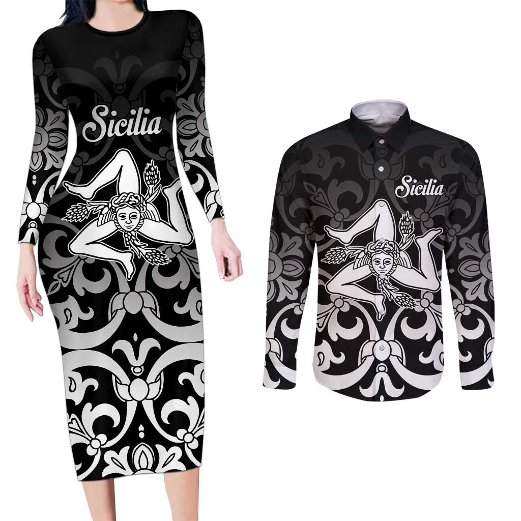 Personalized Italy Trinacria Sicily Couples Matching Long Sleeve Bodycon Dress and Long Sleeve Button Shirt LT9 - Wonder Print Shop