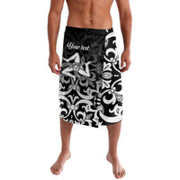 Knee-length black swim shorts with white baroque floral print and customizable text panel