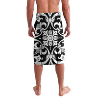 Knee-length black swim shorts with white ornamental pattern, wide waistband