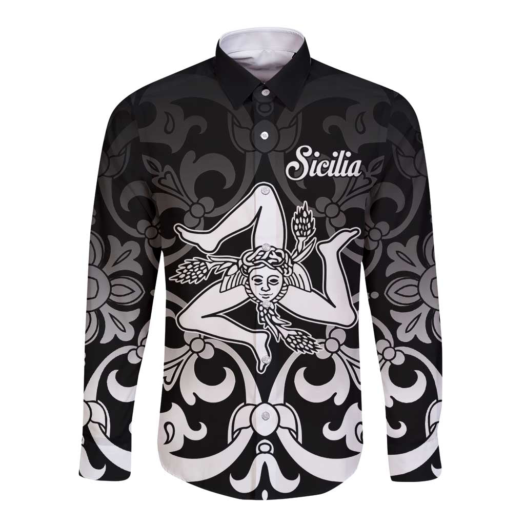 Black long-sleeve button shirt with Sicilia chest graphic