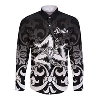 Black long-sleeve button shirt with Sicilia chest graphic