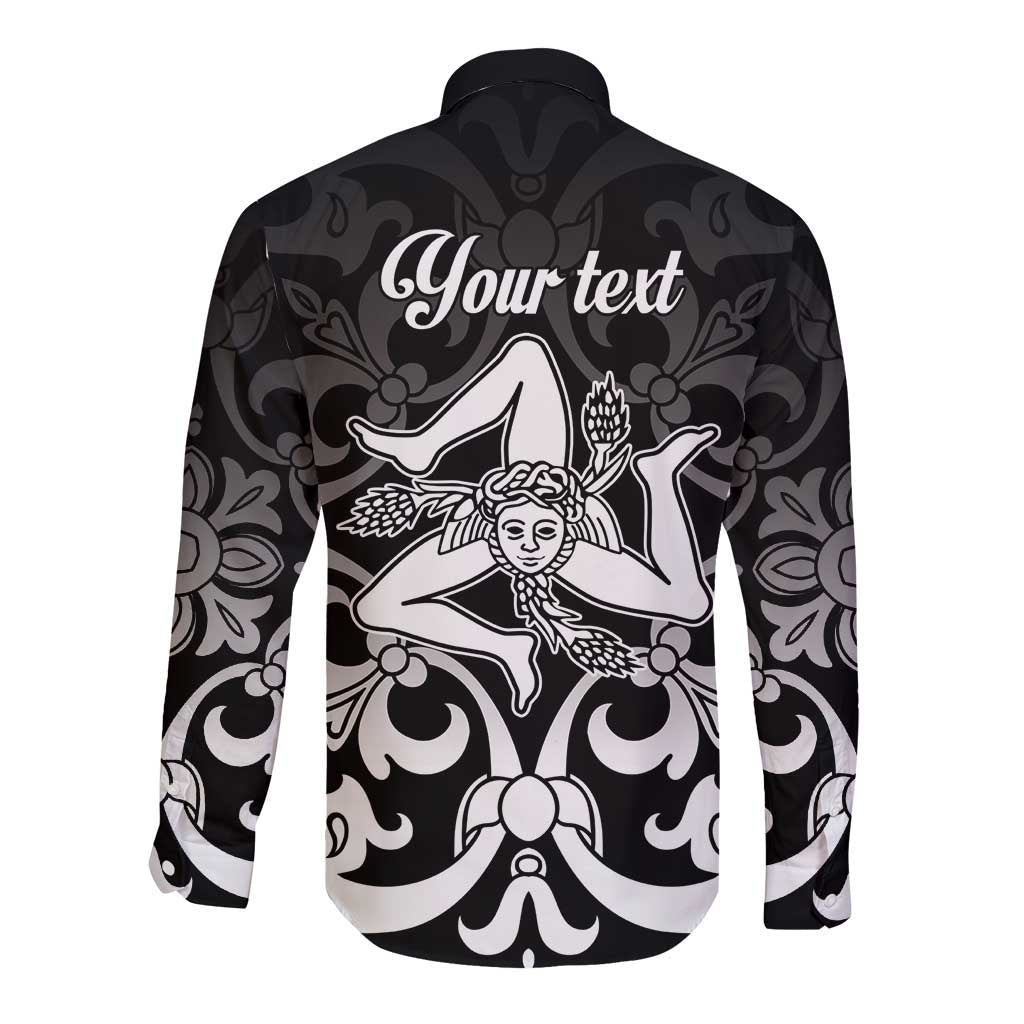 Black long-sleeve button shirt with custom back text and ornate Sicilian figure