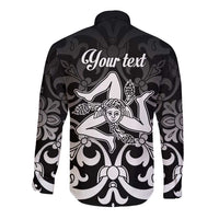 Black long-sleeve button shirt with custom back text and ornate Sicilian figure