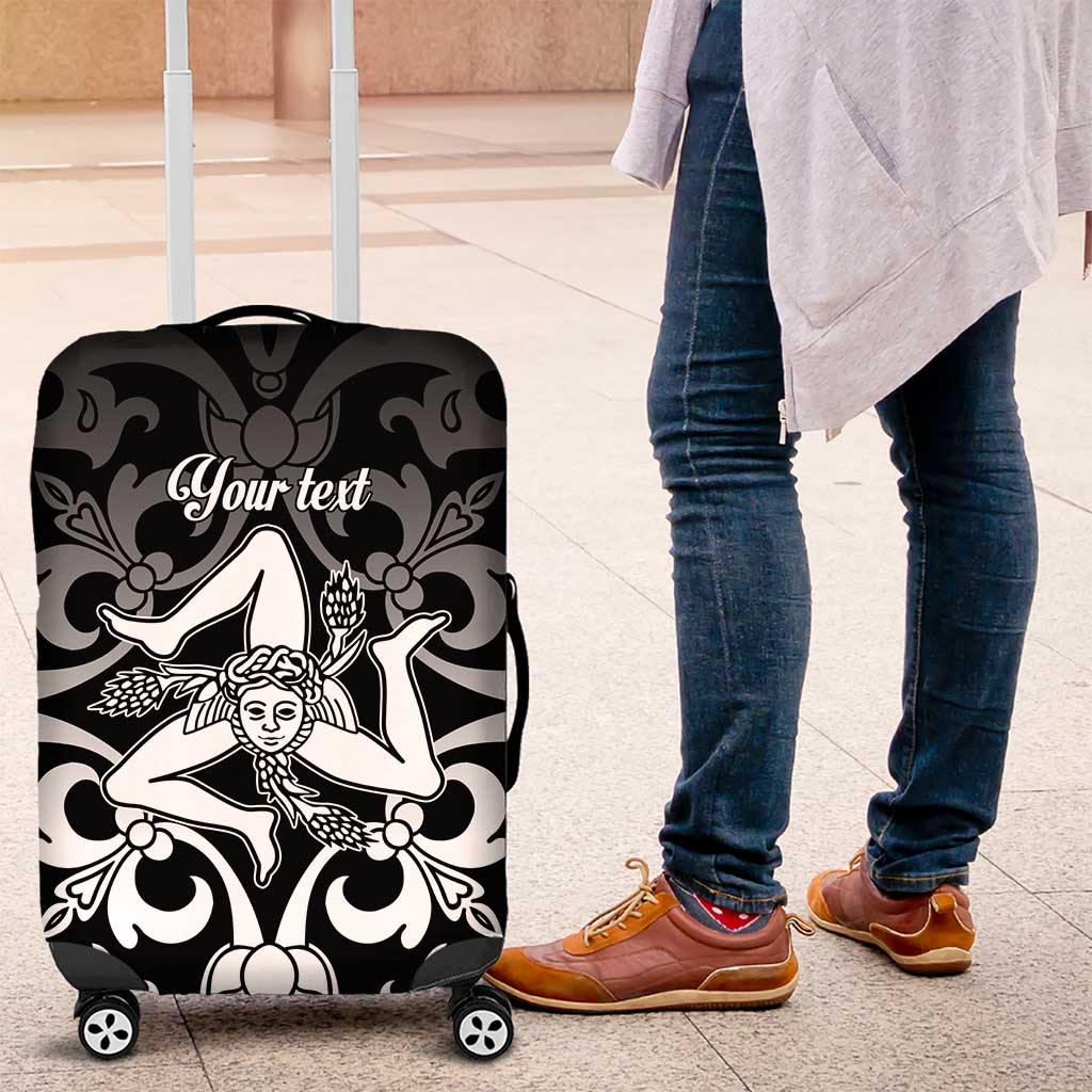 Black suitcase cover with custom text and white Sicilian emblem, front view with wheels