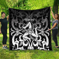 Black quilt blanket with swirling gray floral pattern and central woman emblem, 'Your text'.