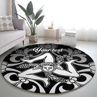 Black round carpet with white custom text and Sicilian-style dancer motif