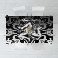 Black tablecloth with ornate floral graphic and "Your text" design