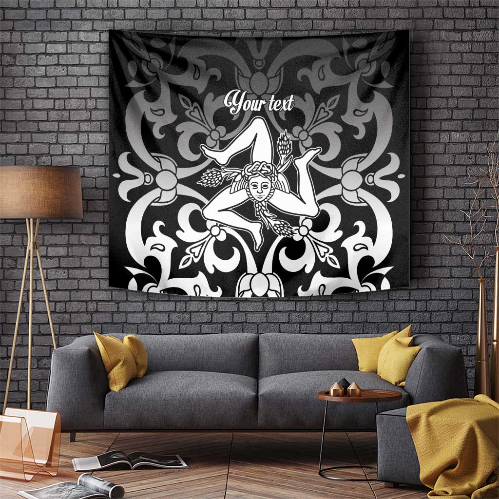Black and white tapestry with central woman figure, ornate swirls, and custom text