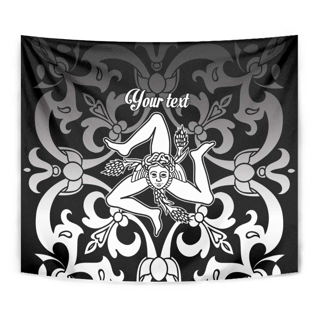 Black and white tapestry with custom text, central woman figure, and ornate swirls