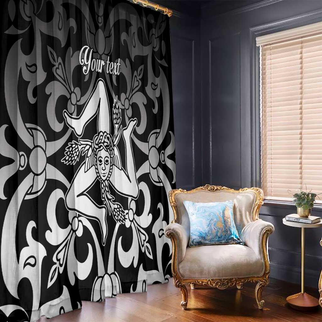 Black and white ornamental window curtain with face and floral pattern