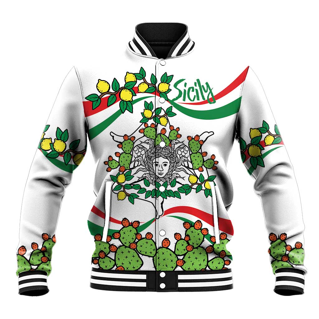 White unisex baseball jacket with colorful Sicilian triskelion cactus and lemon graphic