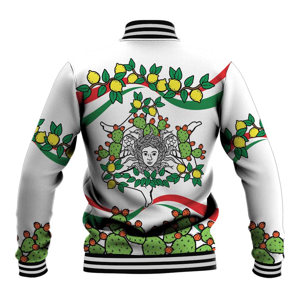 White varsity baseball jacket with ribbed collar and Sicilian triskelion cactus-lemon print